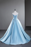 Blue Satin Long Prom Dress, A Line Spaghetti Strap Evening Party Dress PFP2688