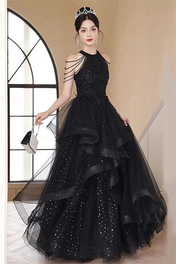 Black Halter Tulle Layers Long Formal Dress, Black Tulle Prom Dress PFP2689