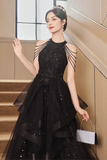 Black Halter Tulle Layers Long Formal Dress, Black Tulle Prom Dress PFP2689