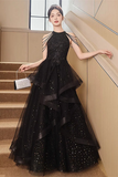 Black Halter Tulle Layers Long Formal Dress, Black Tulle Prom Dress PFP2689