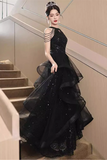 Black Halter Tulle Layers Long Formal Dress, Black Tulle Prom Dress PFP2689