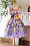 Cute Lace Flowers Short Homecoming Dress, Purple Short Prom Dress PFH0522