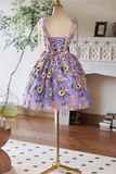 Cute Lace Flowers Short Homecoming Dress, Purple Short Prom Dress PFH0522