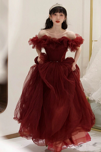 Wine Red Tulle Off Shoulder Long Party Dress, Wine Red Tulle Prom Dress PFP2690