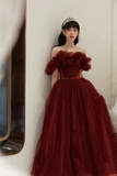 Wine Red Tulle Off Shoulder Long Party Dress, Wine Red Tulle Prom Dress PFP2690