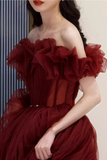 Wine Red Tulle Off Shoulder Long Party Dress, Wine Red Tulle Prom Dress PFP2690