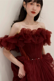 Wine Red Tulle Off Shoulder Long Party Dress, Wine Red Tulle Prom Dress PFP2690