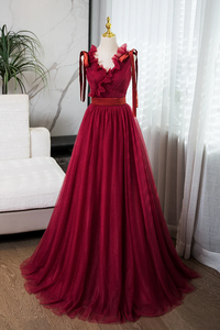 A Line V Neck Tulle Burgundy Long Prom Dress, Burgundy Long Evening Dress PFP2691