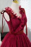 A Line V Neck Tulle Burgundy Long Prom Dress, Burgundy Long Evening Dress PFP2691