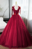 A Line V Neck Tulle Burgundy Long Prom Dress, Burgundy Long Evening Dress PFP2691