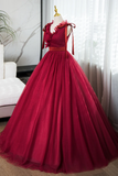 A Line V Neck Tulle Burgundy Long Prom Dress, Burgundy Long Evening Dress PFP2691