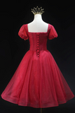 Burgundy Tulle Beaded Knee Length Party Dress, A Line Short Sleeve Evening Party Dress PFH0523