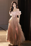 A Line Off Shoulder Tulle Sequin Pink Long Prom Dress, Pink Long Formal Dress PFP2692