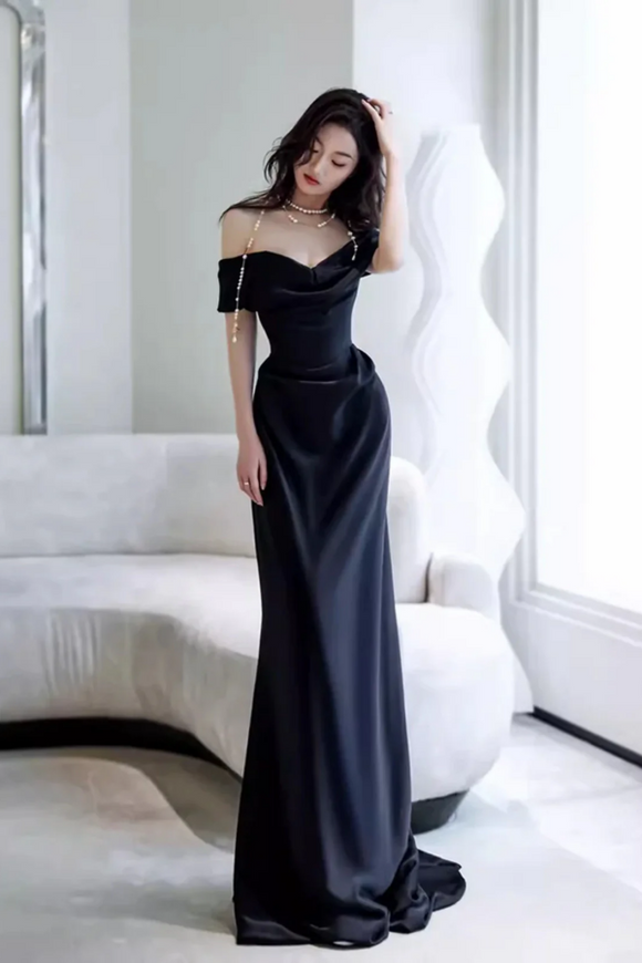 Elegant Black Off Shoulder Long Formal Gown, Black Satin Prom Dress Party Dress PFP2695