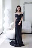 Elegant Black Off Shoulder Long Formal Gown, Black Satin Prom Dress Party Dress PFP2695