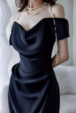 Elegant Black Off Shoulder Long Formal Gown, Black Satin Prom Dress Party Dress PFP2695