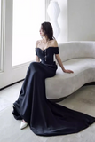 Elegant Black Off Shoulder Long Formal Gown, Black Satin Prom Dress Party Dress PFP2695