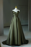 Dark Green Satin V Neck Long Prom Dress, A Line Strapless Evening Party Dress PFP2696