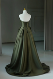 Dark Green Satin V Neck Long Prom Dress, A Line Strapless Evening Party Dress PFP2696