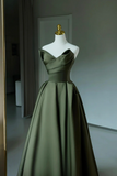 Dark Green Satin V Neck Long Prom Dress, A Line Strapless Evening Party Dress PFP2696