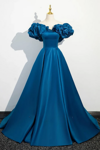 A Line Off Shoulder Satin Blue Long Prom Dress, Blue Long Formal Dress PFP2698