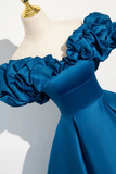 A Line Off Shoulder Satin Blue Long Prom Dress, Blue Long Formal Dress PFP2698