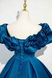 A Line Off Shoulder Satin Blue Long Prom Dress, Blue Long Formal Dress PFP2698