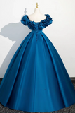 A Line Off Shoulder Satin Blue Long Prom Dress, Blue Long Formal Dress PFP2698