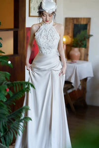 Elegant Lace and Satin Halter Long Wedding Party Dress, Long Formal Gowns PFP2699