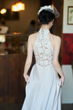 Elegant Lace and Satin Halter Long Wedding Party Dress, Long Formal Gowns PFP2699