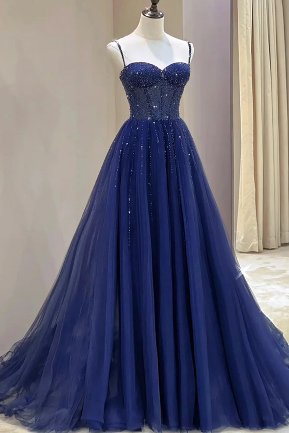 Blue Beaded Sweetheart Tulle  A Line Prom Dress, Blue Long Party Dress PFP2700