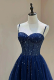 Blue Beaded Sweetheart Tulle  A Line Prom Dress, Blue Long Party Dress PFP2700