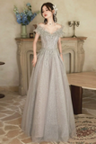 Cute A Line Light Grey Off Shoulder Shiny Tulle Prom Dress, Light Grey Party Dress PFP2701