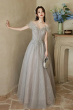 Cute A Line Light Grey Off Shoulder Shiny Tulle Prom Dress, Light Grey Party Dress PFP2701