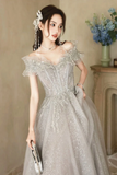 Cute A Line Light Grey Off Shoulder Shiny Tulle Prom Dress, Light Grey Party Dress PFP2701