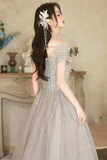 Cute A Line Light Grey Off Shoulder Shiny Tulle Prom Dress, Light Grey Party Dress PFP2701