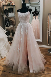 Pink Tulle Lace Appliques A Line Open Back Long Prom Dress, Pink Party Dress PFP2714