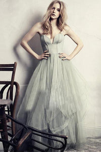 Modest Gray A-line Sweetheart Floor-length Sleeveless Tulle Prom Dress 