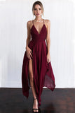 Chiffon Spaghetti Straps V Neck Cross Back Burgundy Assymetrical Hem Long Prom Evening Dress PFP0845