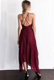 Chiffon Spaghetti Straps V Neck Cross Back Burgundy Assymetrical Hem Long Prom Evening Dress PFP0845