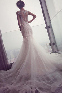 Mermaid Tulle Lace Sleeveless Long Count Train Wedding Dress PFW0148