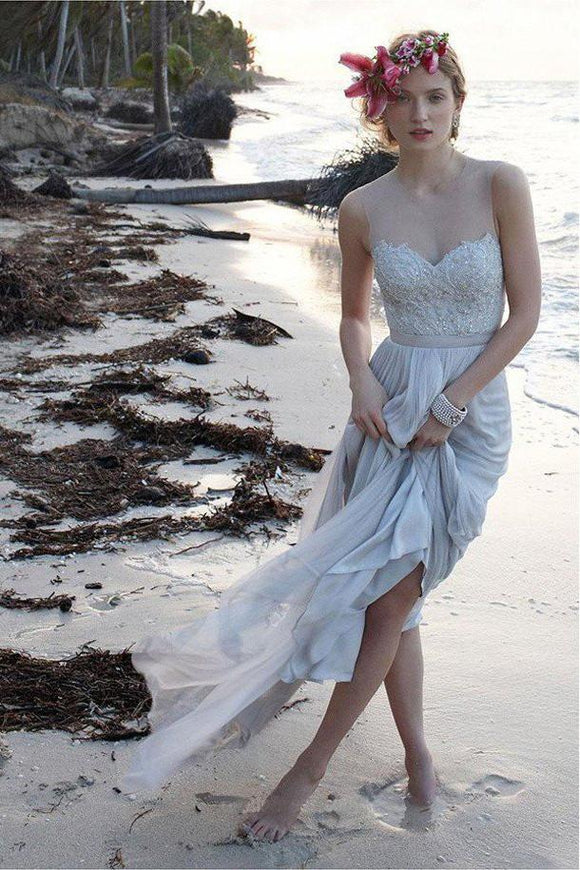 Casual Chiffon Sheer Back Lace Beach/Coast Wedding Dress,A Line Long Wedding Gown PFW0236