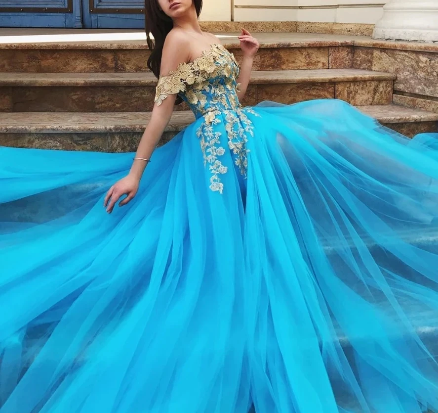 PROM DRESS - 2024 LOUIS LONG - Teal and Gold Laced Prom Dress