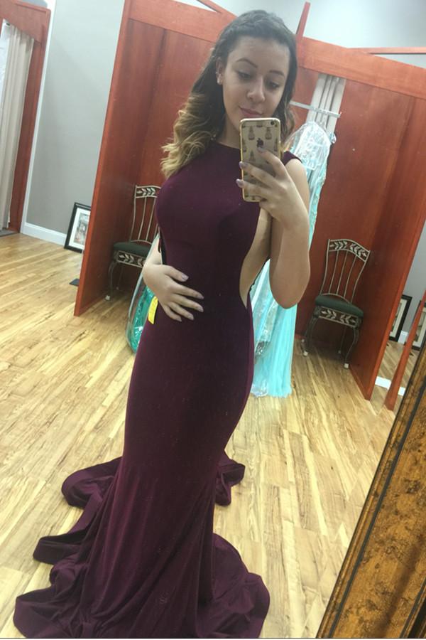 Dark Plum Long Mermaid Open Back Sexy Simple Cheap Prom Dresses PFP114 –  Promfast