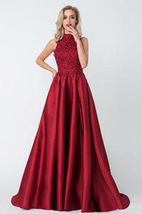 Cheap A-line Red High Neck Applique Satin Long Prom Dresses,Evening Dresses PFP0237