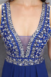 Chiffon Beading Royal Blue V-neck Long Elegant Prom Dresses PFP1163