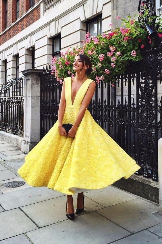 Yellow Lace A Line Deep V Neck Prom Dresshomecoming Dresses Pfp0299 Promfast 