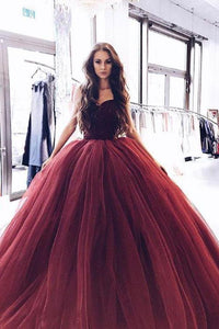 Princess Burgundy Strapless Ball Gown Long Evening Prom Dresses PFP0328