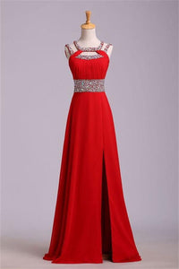 2019 Long Red Chiffon Beaded Backless High Low Prom Dresses PFP1245