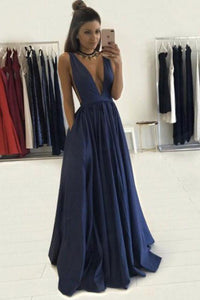 Sexy Deep V-neck Long A Line Prom Dresses Graduation Party Dresses For Teens PFP1249